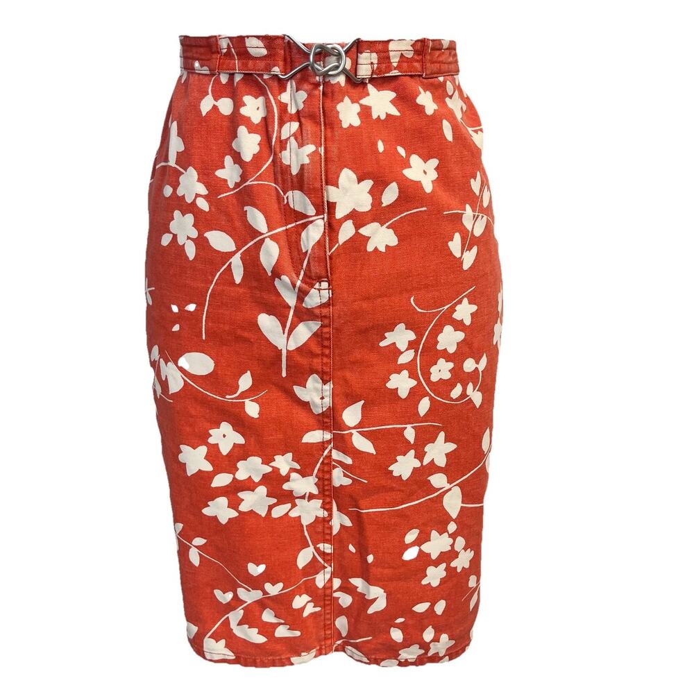 I.E. Relaxed Skirt size 10 Orange Tan Floral Denim Straight Knee Casual Buckel